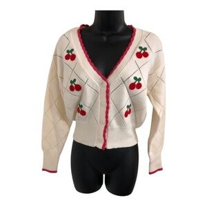 Jessica Simpson cream & pink scalloped trim cherry diamond pattern cardigan sz M
